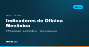 Painel de indicadores de oficina mecânica com 8 KPIs em Excel para baixar grátis