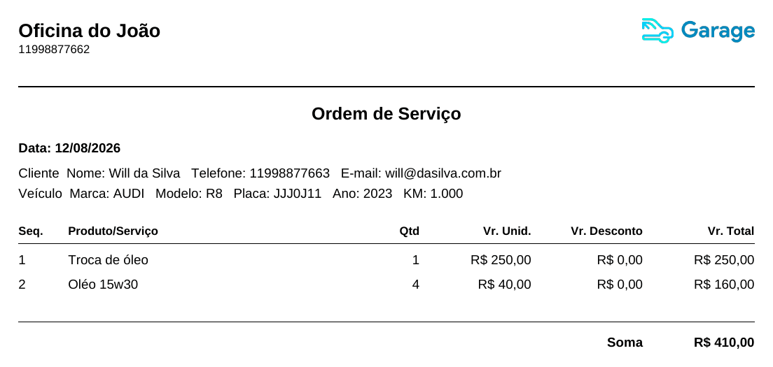 Exemplo de ordem de serviço preenchida: cabeçalho da oficina, dados do cliente e do veículo, itens com quantidade e valor, e soma final